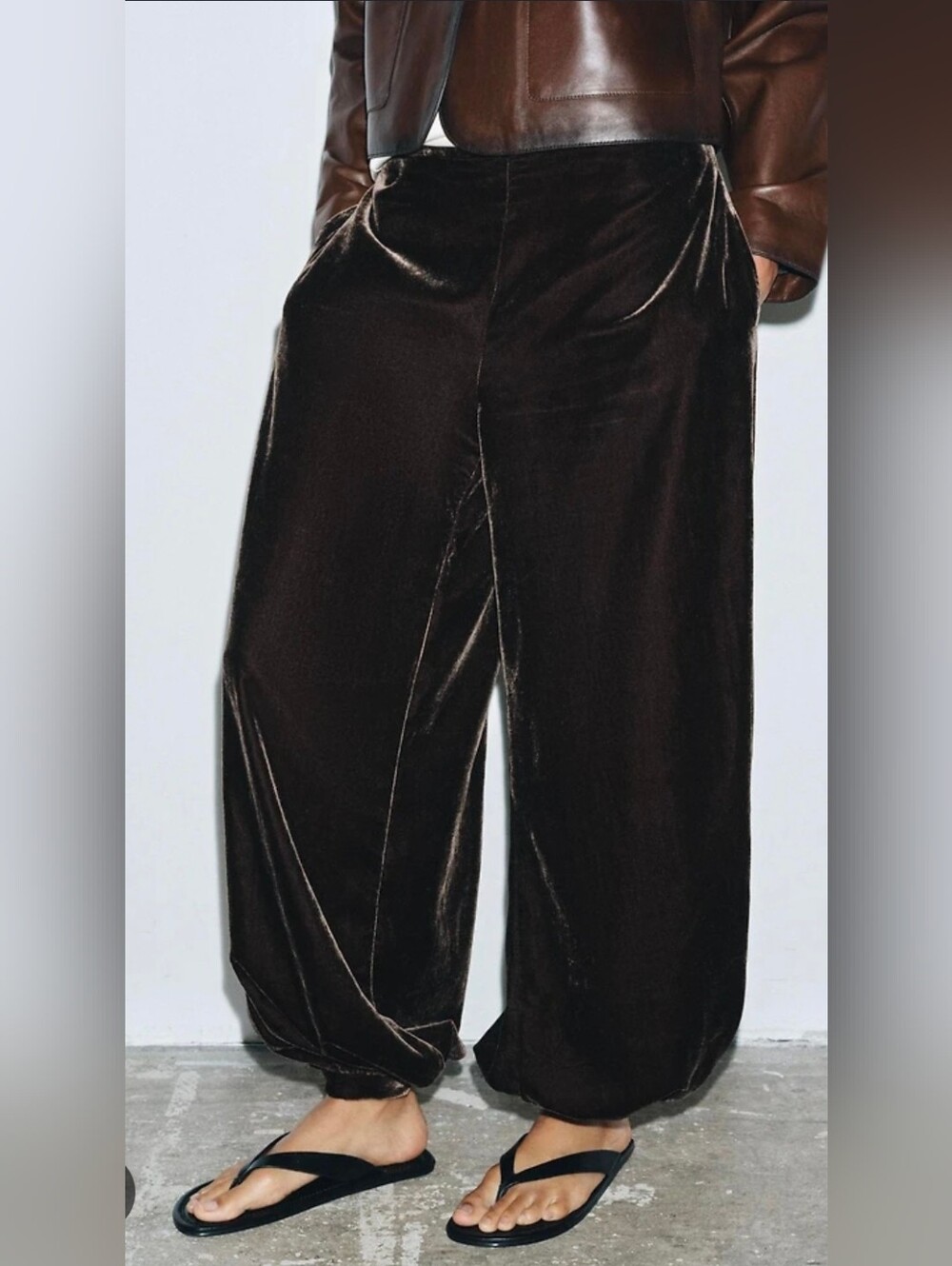 Zara Dark Brown Velvet Wide-Leg Track Pants